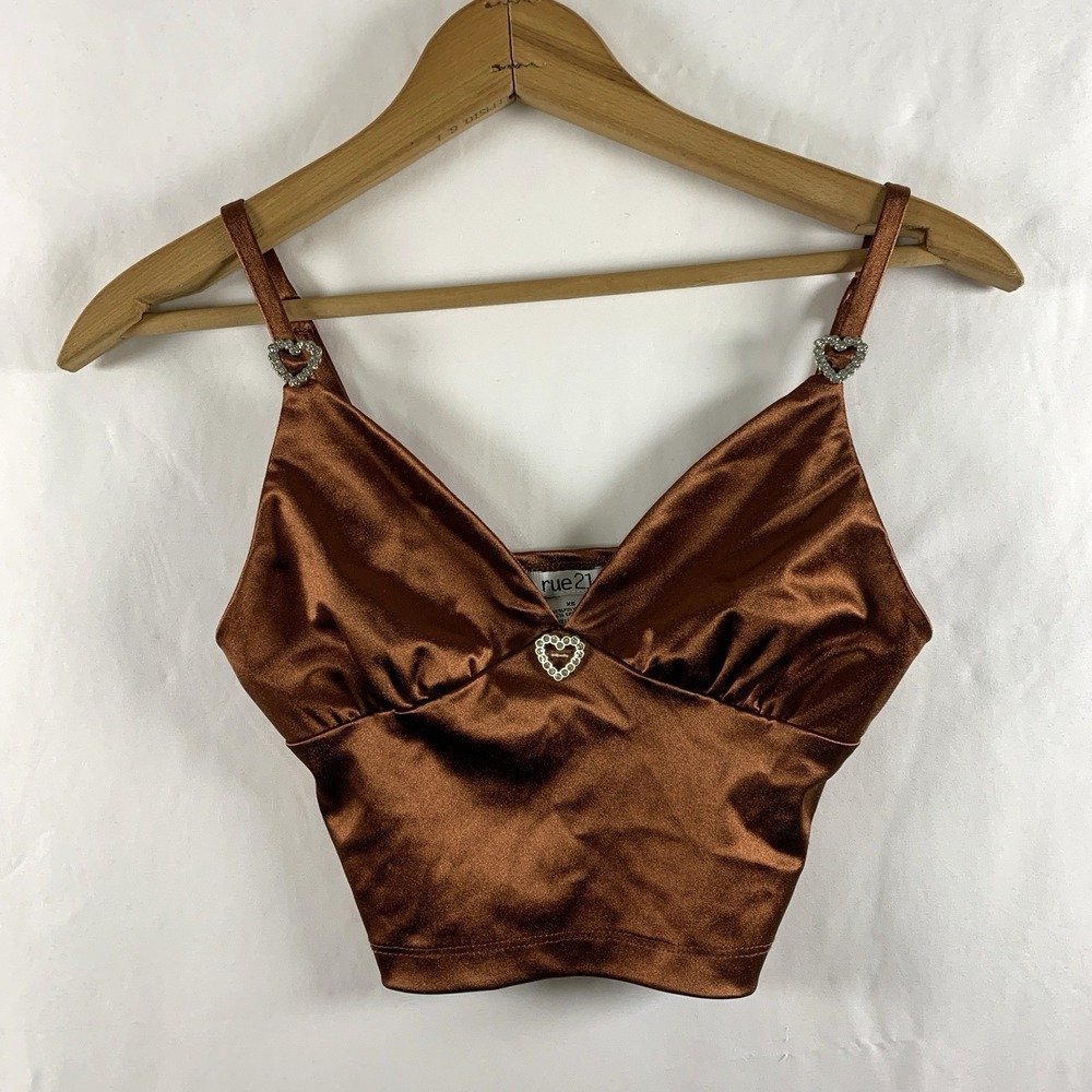 VTG Y2K Rue 21 Babydoll Satin Crop Top Size XS Brown Heart Bling Going Out Club